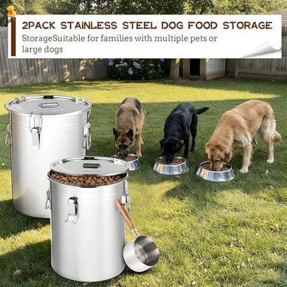 Lounsweer 2 Pack 7 Gal Stainless Steel Dog Food Storage Container with Lid and Locking Clamp 28 L Metal Airtight Container Large Stainless Steel Bucket with Food Scoop for Pet Feed - size: 28 L