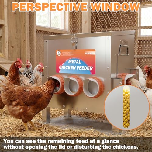 55LBS Automatic Chicken Feeder No Waste 5 Ports Metal Poultry Feeder with Adjustable Legs Perspective Window Latch & Handle for Chickens Bantams Pheasants - size: 5 Ports - 55 LBS with Legs