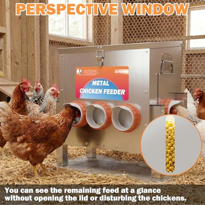 55LBS Automatic Chicken Feeder No Waste 5 Ports Metal Poultry Feeder with Adjustable Legs Perspective Window Latch & Handle for Chickens Bantams Pheasants - size: 5 Ports - 55 LBS with Legs