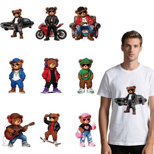 arricraft 9 Sheets Hip-Hop Animal Iron on Stickers, Cartoon Fashion Bear Pattern Print Transfer Stickers Decals for DIY T-Shirt Jeans Backpacks Families Clothing Hat Decoration Applique - style: Cartoon Fashion Bear Theme