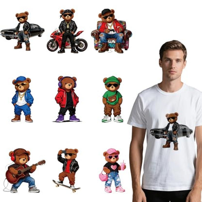 arricraft 9 Sheets Hip-Hop Animal Iron on Stickers, Cartoon Fashion Bear Pattern Print Transfer Stickers Decals for DIY T-Shirt Jeans Backpacks Families Clothing Hat Decoration Applique - style: Cartoon Fashion Bear Theme