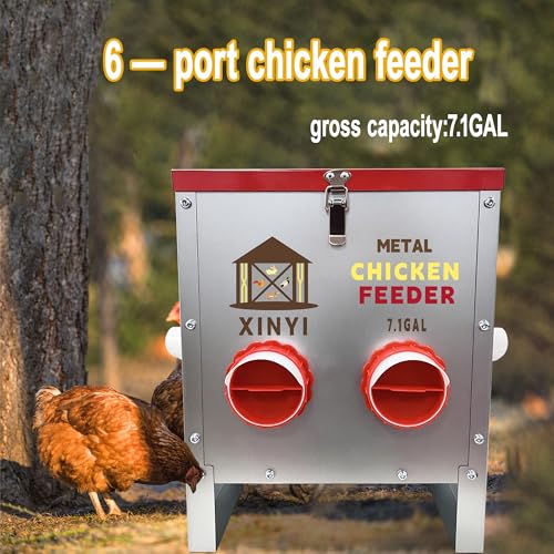 XINYI 7.1 Gallon Auto Chicken Feeder, 6 Ports Galvanized Chicken Feeder,Large Chicken Food Container No Waste & Rodent Proof Chicken Food Dispenser System, Weatherproof Duck Feeder - size: 6 ports without legs