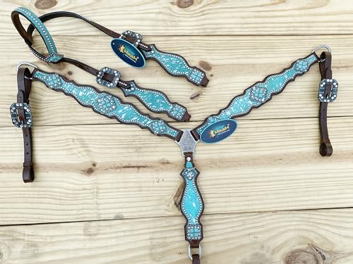 Western Leather Headstall & Breast Collar Set for Horses - Valentine’s Day Silver Metallic Cowhide with Rhinestones - color: Turquoise