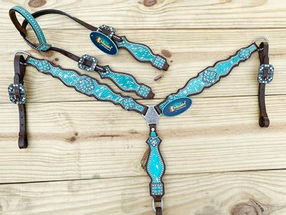 Western Leather Headstall & Breast Collar Set for Horses - Valentine’s Day Silver Metallic Cowhide with Rhinestones - color: Turquoise