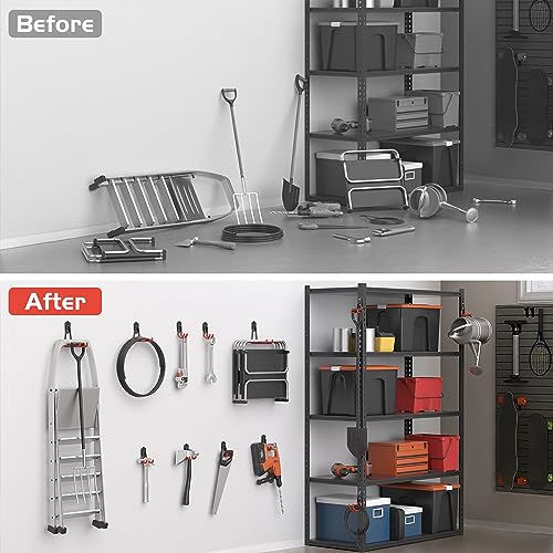 WALMANN Garage Storage Hooks, Wall Mount Utility Hooks for Tools | Wall Hooks for Ladders, Cords, Folding Chairs, Shovels and Rakes, Shelving Hooks for Keyhole Shelving Units - style: Orange-red Hook