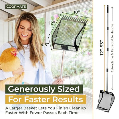2-in-1 Chicken Coop Poop Scooper and Rake - Metal Sand Sifting Litter Scoop Shovel with Angled Basket and Micro-Sized Diamond Mesh to Catch the Smallest Farm Animal Droppings - Adjustable 12" to 53"