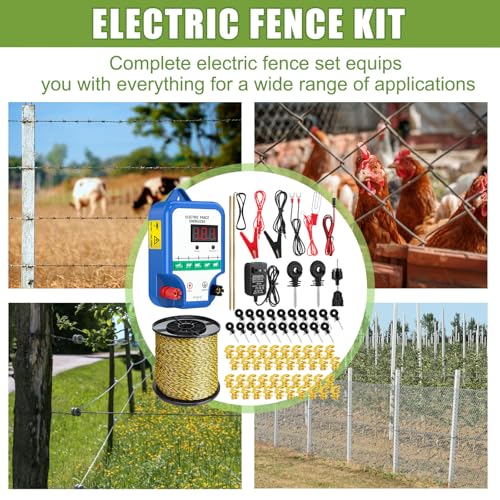 MorningRo 10 Mile Electric Fence Kit for Livestock, 3 Joule 12KV Fence Charger with LED Display, 3366 ft 9-Strand Polywire, 60 Insulators & Ground Rods, AC/DC Fencing System for Horse Cattle Pasture