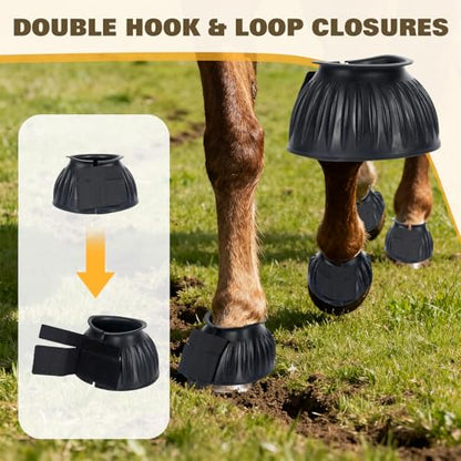 1 Pair Black Bell Boots for Horses, Double Lock Horse Care Boots, Protect Against Hoof Impact Trauma, Rubber Bell Boots Horse Care for Turnout, No Rub Design Comfort Quick Wrap Hook and Loop - size: Large