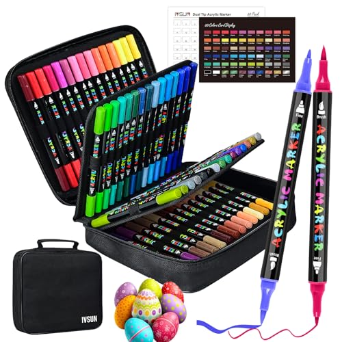 IVSUN Acrylic Paint Pens, 60 Colors Water-Based Dual Tip Paint Markers | with Fine and Brush Tip for Stone, Wood, Canvas, Calligraphy, Ceramic, Metal, Glass, Rock Painting, DIY Crafts - color: 60 Colors