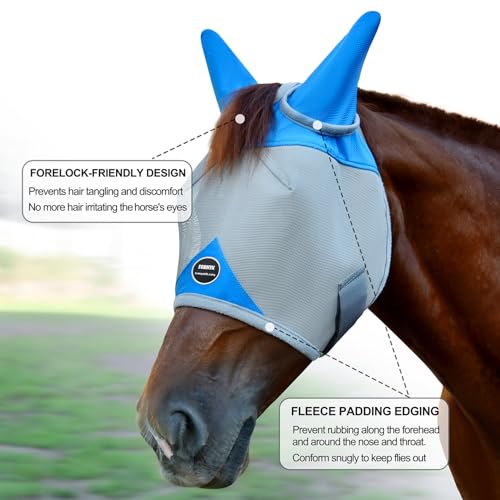 Horse Fly Mask with Ears, UV Block Breathable Mesh (Grey, L) | Large Eye Space, No Rub, High-Vis Color, Stay-in-Place Strap, Durable Mesh, Turnout Pasture & Daily Use - size: L