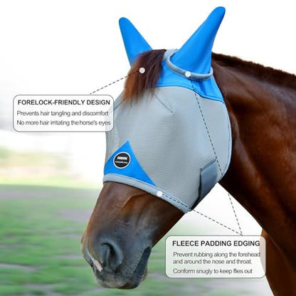 Horse Fly Mask with Ears, UV Block Breathable Mesh (Grey, L) | Large Eye Space, No Rub, High-Vis Color, Stay-in-Place Strap, Durable Mesh, Turnout Pasture & Daily Use - size: L