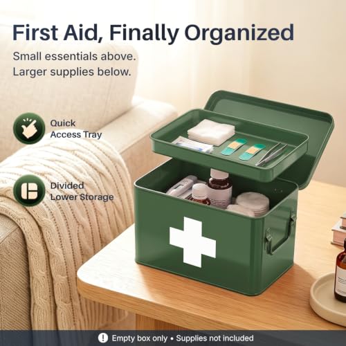 Flexzion Large Metal First Aid Box Empty, 8.5-Inch, Green with White Cross - color: Green, size: 8.5 Inch without Latch Lock