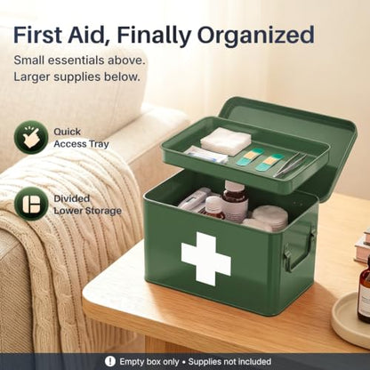 Flexzion Large Metal First Aid Box Empty, 8.5-Inch, Green with White Cross - color: Green, size: 8.5 Inch without Latch Lock