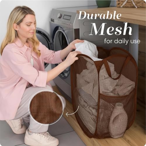Handy Laundry Collapsible Mesh Pop Up Laundry Hamper with Side Pocket - color: Brown, 1-PACK
