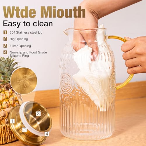 Amzcku Glass Pitcher with Lid 68oz 2L Vintage Water Carafe Beverage 2Pack - size: 68 Ounces (2 Pack)