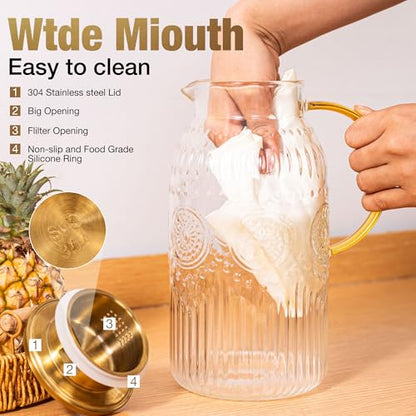 Amzcku Glass Pitcher with Lid 68oz 2L Vintage Water Carafe Beverage 2Pack - size: 68 Ounces (2 Pack)