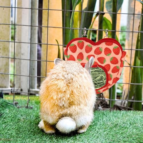 Estivaux Rabbit Hay Feeder Bag Strawberry Guinea Pig Hanging Hay Feeding Bag with Hole Pet Storage Dispenser for Chinchilla Hamster Bunny Small Pet Animals - color: Strawberry