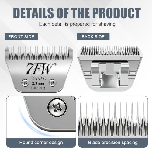 BILLAR®7FW Detachable Dog Grooming Wide Blades,Compatible with Andis,Oster A5,Wahl KM10 Series Clippers,Cut Length 1/8”(3.2mm) - size: 7FW