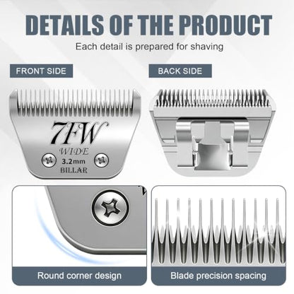 BILLAR®7FW Detachable Dog Grooming Wide Blades,Compatible with Andis,Oster A5,Wahl KM10 Series Clippers,Cut Length 1/8”(3.2mm) - size: 7FW