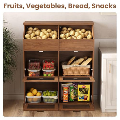 COSIEST Oversized Potato Storage Bin, 47'' High Wooden Bread Box with Adjustable Door Hinge, Farmhouse Potato and Onion Storage Bin with 4 Mesh Doors, Kitchen Fruit and Vegetable Storage Cabinet