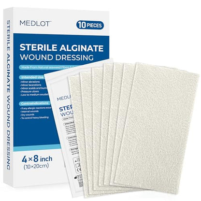 LotFancy Calcium Alginate Wound Dressing, Sterile 4”x8” 10 Pads, Nonstick | Highly Absorbent Non-stick Pads for Exuding Wounds, Post-Surgery Care, Minor Burns, Cuts and Traumatic Wounds, Fast Healing - style: 4"x 8" (10-Count)