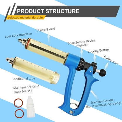 50ML Semi Automatic Livestock Syringe for Cow Goat Cattle Sheep Pig, 5 Gears Adjustable Continuous Repeating Injection, Veterinary Cattle Vaccine Luer Lock Syringe with 2 Tubes - size: 2-Tube 50ml