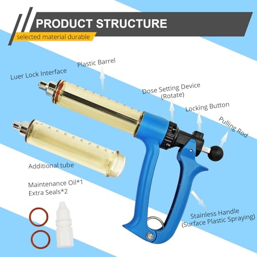50ML Semi Automatic Livestock Syringe for Cow Goat Cattle Sheep Pig, 5 Gears Adjustable Continuous Repeating Injection, Veterinary Cattle Vaccine Luer Lock Syringe with 2 Tubes - size: 2-Tube 50ml