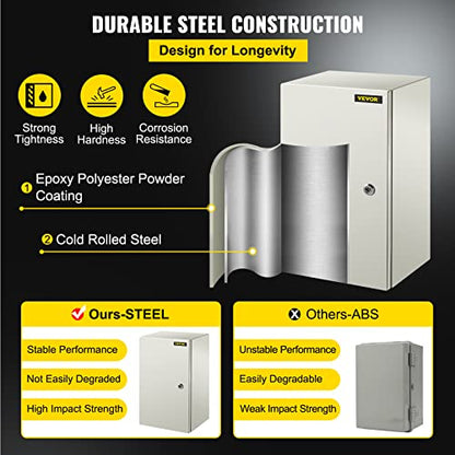 VEVOR NEMA Steel Enclosure, 20 x 12 x 10'' NEMA 4X Steel Electrical Box, IP66 Waterproof & Dustproof, Outdoor/Indoor Electrical Junction Box, with Mounting Plate - size: 20 x 12 x 10