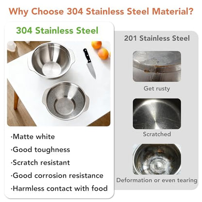 304 Stainless Steel Colander and Strainer, 5QT Large Capacity and 6QT Mixing Bowl, Micropore for Washing Rice, Fruit, and Cooked Pasta, Perfect Draining for Grain and Bean - size: 5QT+6QT