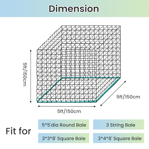 5x5 FT Round Bale Hay Net, 2-Inch Slow Feed for Horses and Goats