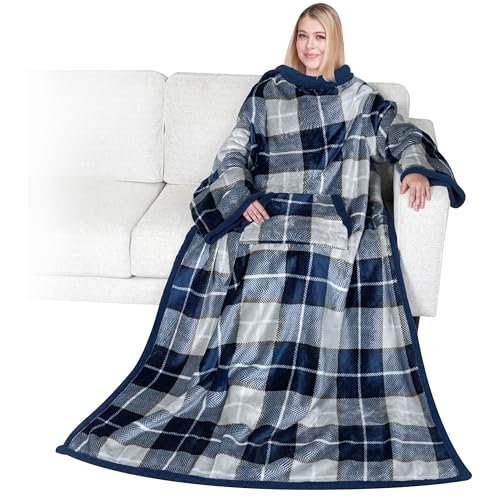 PAVILIA Sherpa Wearable Blanket with Sleeves and Pocket, Plush Thick Cozy Body Blanket Wrap for Adult Women Men, Christmas Gift for Wife Mom, Plaid Navy Blue - color: Plaid Navy