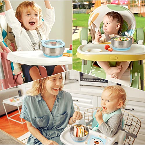 MR. CHOU Baby Bowls with Non-Slip Silicone Suction Cup, Insulated Double-Layer 18/8 Stainless Steel Toddler Bowls with BPA Free Airtight Lids, Food-Grade Silicone Safe for Kids (Blue) - color: Blue