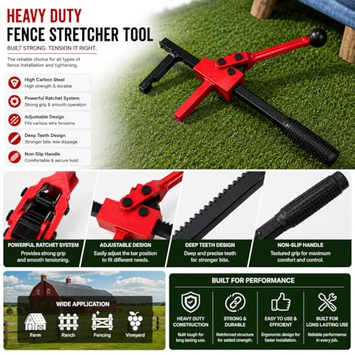 YouTeMei 2 Pcs Fence Stretcher Tool, Ratcheting Wire Fence Tightener, Heavy Duty Fence Tensioner Tool with Ratchet Range, Non-Slip Hook, for Farm, Ranch, Garden & Yard Fence