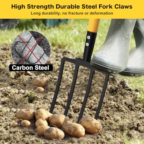 Pitch Fork, 4 Tine Heavy Duty Garden Fork Ergonomic Handle for Gardening
