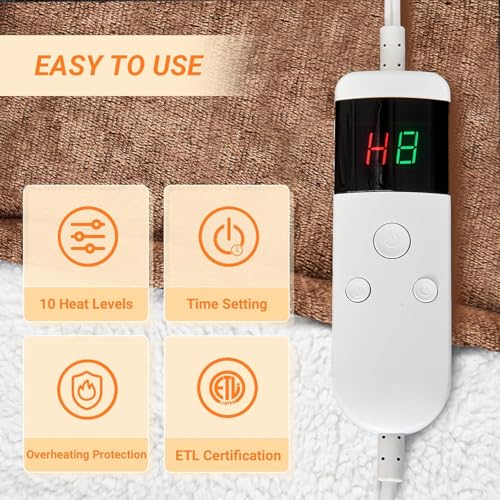 Electric Blanket Heated Queen, Soft Flannel 84"x90" Heating Blanket with 8 Hours Auto Off 10 Fast Heating Levels Machine Washable Sherpa Heated Blanket with Overheating Protection - color: Tan, size: Queen(84" x 90")