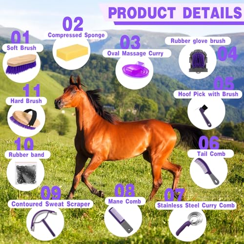 Abbylike 12 Pieces Horse Grooming Kit Equine Care Brushes, Gray and Purple - color: Gray and Purple