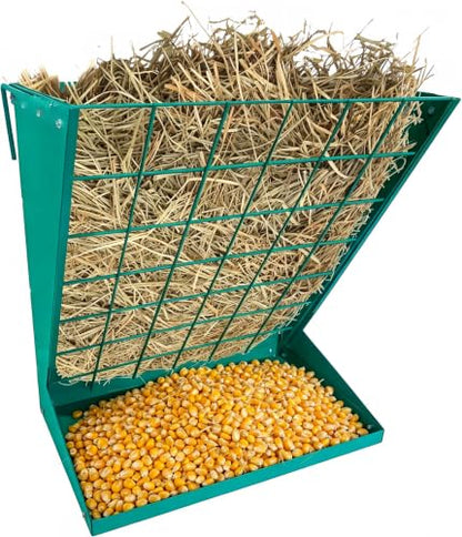 Wall Mounted Hay Rack, 2 in 1 Hay & Grain Livestock Feeder - color: Green