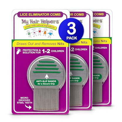 My Hair Helpers Lice Eliminator Comb - Stainless Steel - Effectively Removes Louse, Nits and Superlice from Hair - For 3-5 Kids - size: 3 combs