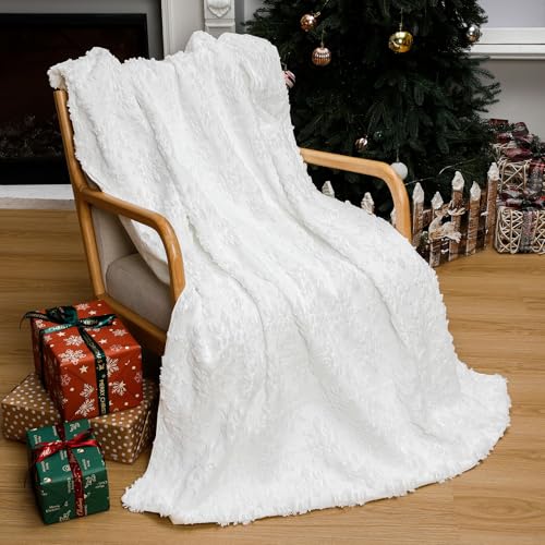 Tudomro 50x60 Winter Throw Blanket White Snowflake 3D Textured Embroidered Winter Holiday Blanket Plush Fuzzy Faux Fur, Neutral Farmhouse & Modern Home Decor for Sofa Couch Bed - style: Snowflawer White