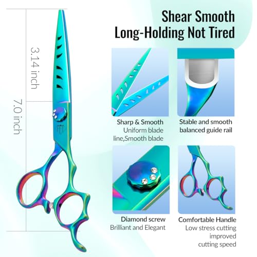 Dog Grooming Scissors: 7" Straight Pet Shears Skeletonized blade Made Of Japanese 440C for Trimming Dogs Cats and Other Pets Green (Straight G, 7") - style: Straight G