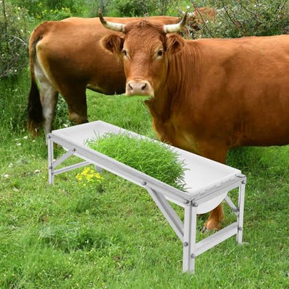 Livestock Feed Trough with Metal Stand 39" Long Large Capacity Livestock Feeder for Lambs Foals Calves Sheep Horses Alpacas and Goats in Farm (Silver+White) - color: Silver+White