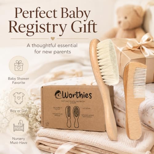 Baby Hair Brush and Comb Set for Newborn, Soft Goat Bristles