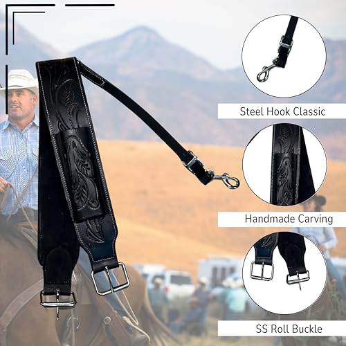 Hulara Western Carved Leather Rear Flank Back Saddle Girth Cinch Belt with Bucking Strap Comfytack |Premium Flank Cinch Belt Leather Horse Girth - color: Black Flower