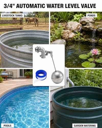 3/4" NPT Stainless Steel Automatic Water Trough Float Valve for Stock Tank | Metal Water Level Auto Control Valve with Adjustable Arm Livestock Water Tank Float Valve for farm Cattle, Cow, Horse, Ponds