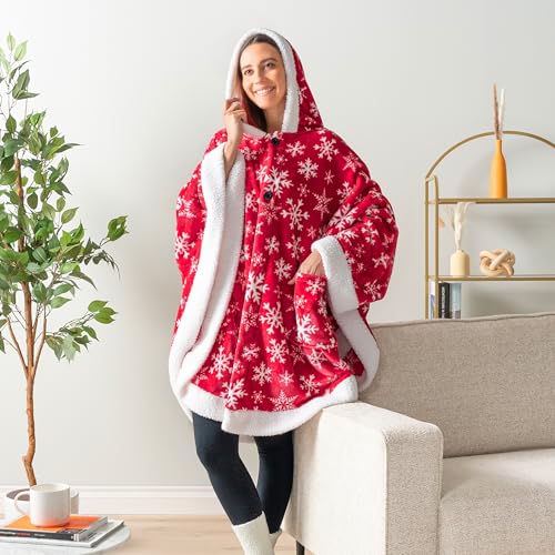 PAVILIA Hooded Blanket Poncho, Fleece Wearable Shawl Wrap, Snowflake Red | Fleece Shawl Wrap with Hood, Adult Wearable Blanket, Cozy Warm Poncho Cape Throw with Pockets, Gift for Elderly Mom - color: Snowflake Red