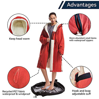 Oksun Waterproof Swim Parka: Windproof Sherpa Fleece Lined Surf Poncho - color: Sherpa Lining, Red