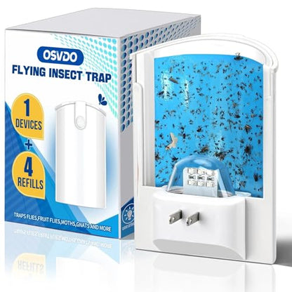 OSVDO Blue UV Light Flying Insect Trap, Plug-in Bug Catcher with 4 Refills | Indoor Fly Trap for 100+ Days, Fly Catcher for Flies, Fruit Flies, Gnats, Moths, Silent for Home, Kitchen - size: 1 Device & 4 Refills