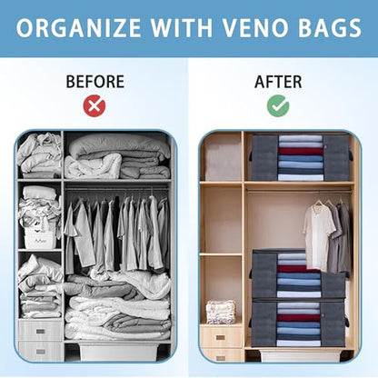 VENO 3 Pack Extra Large Clothes Storage Bag w/Reinforced Handle 24 Gallon | Thick Fabric Closet Organizer for Comforters, Blankets, Bedding, Foldable with Sturdy Zipper, Clear Window, Grey(24 Gallon) - size: Extra Large, 24 Gallon, Set of 3