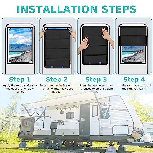 AUCELI RV Door Shade Cover, Magnet Camper Skylights Sunshade Cover, Foldable RV Sun Shade Windshield Blackout Shower Curtains Coverage, Waterproof Thickened Oxford Fabric Interior Accessories (Black)