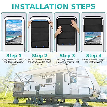 AUCELI RV Door Shade Cover, Magnet Camper Skylights Sunshade Cover, Foldable RV Sun Shade Windshield Blackout Shower Curtains Coverage, Waterproof Thickened Oxford Fabric Interior Accessories (Black)